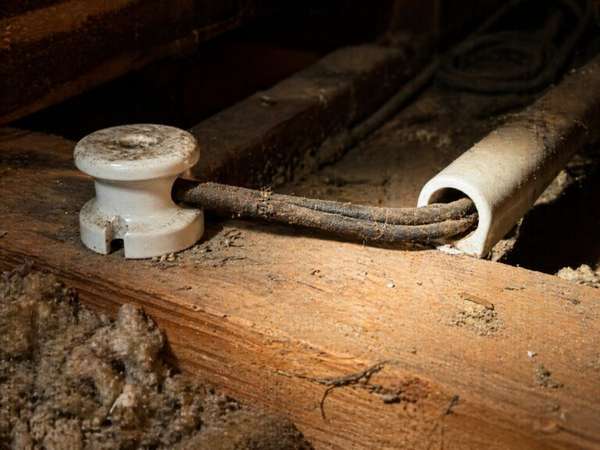 Knob-and-tube wiring running along wooden attic joists of an older home